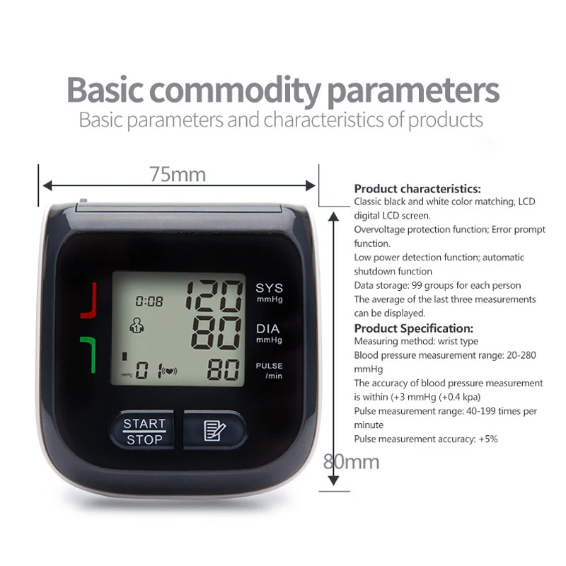 Household Medical Wrist Blood Pressure Monitor LCD Digital Tonometer Automatic Sphygmomanometer Tensiometer Bp Heart Rate Meter