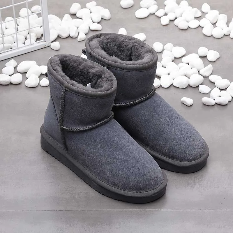 Мужские кожаные зимние сапоги размера плюс из натуральной шерсти; теплая зимняя обувь - Цвет: gray