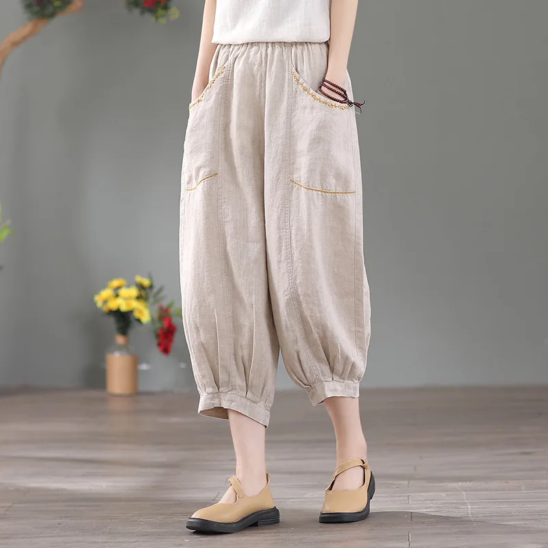 

2023 Spring And Summer New Elastic High Waist Slimming Literary Cropped Casual Retro Bloomers Women Harem Pants Free Shipping