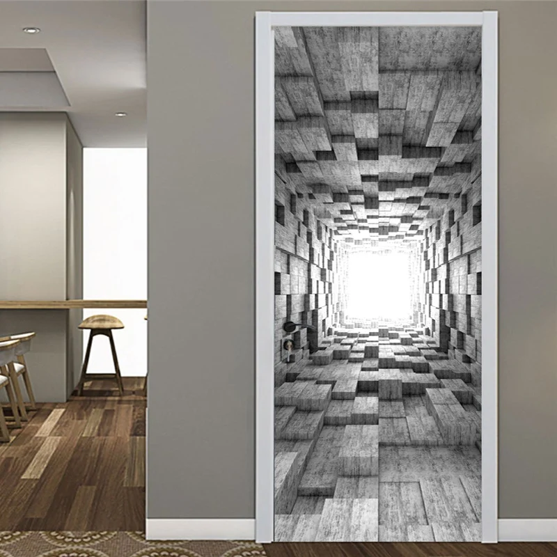 PVC Self-Adhesive Waterproof 3D Wall Door Sticker Modern Creative Stereo Space Cement Geometric Vinyl Door Murals 3D Home Design