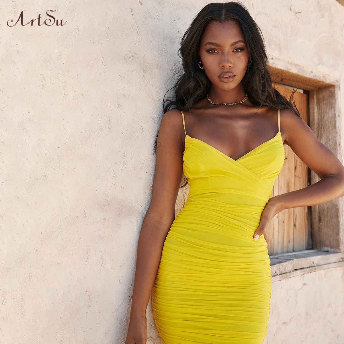 ArtSu Sexy V Neck Yellow Party Maxi Straps Dresses Women Bodycon Long Dress 2019 Autumn Spaghetti Strap ASDR60352 | Женская одежда