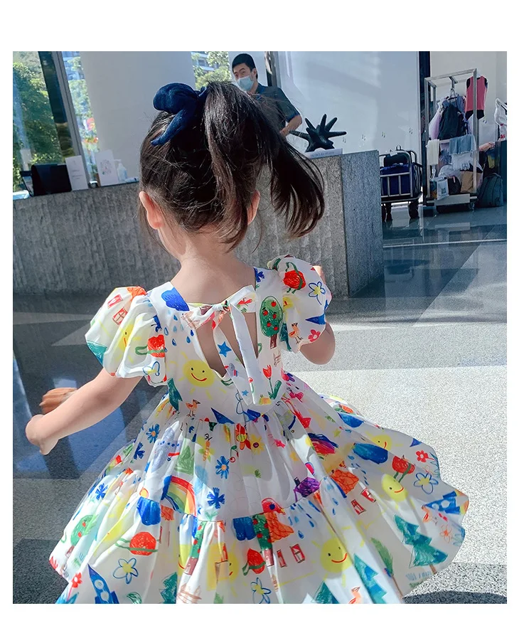 Summer Girls' Dress 2022 New Puff Sleeve Casual Cartoon Party Princess Dress Cute Children's Wear Baby Kids Girls Clothing baby girl skirt apparel