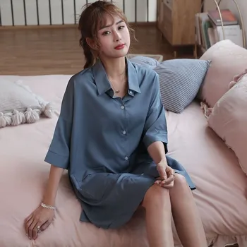 

Nightdress Loose Satin Lady Sleepwear Sexy Sleep Dress Nightgown 2020 New Kimono Bathrobe Gown Nightwear Lake Blue Homewear