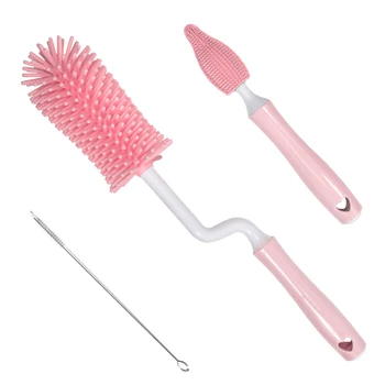 

3pcs Sippy Cups Long Handle Multifunction Cleaning Brush Set Home Feeding Supplies Portable For Baby Bottles With Storage Hook