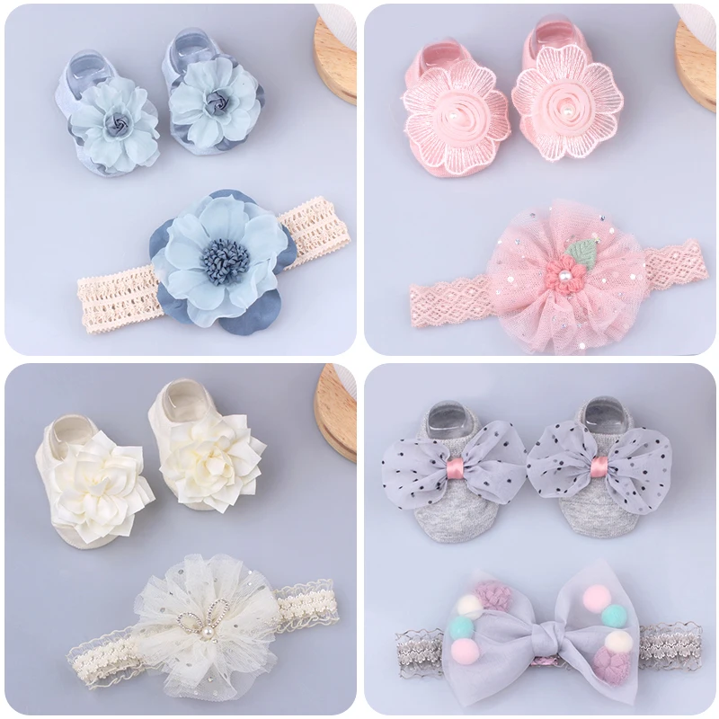 2 Pcs/Set Cute Baby Girl Headband Socks Set Lace Bows Newborn Turban Elastic Headbands