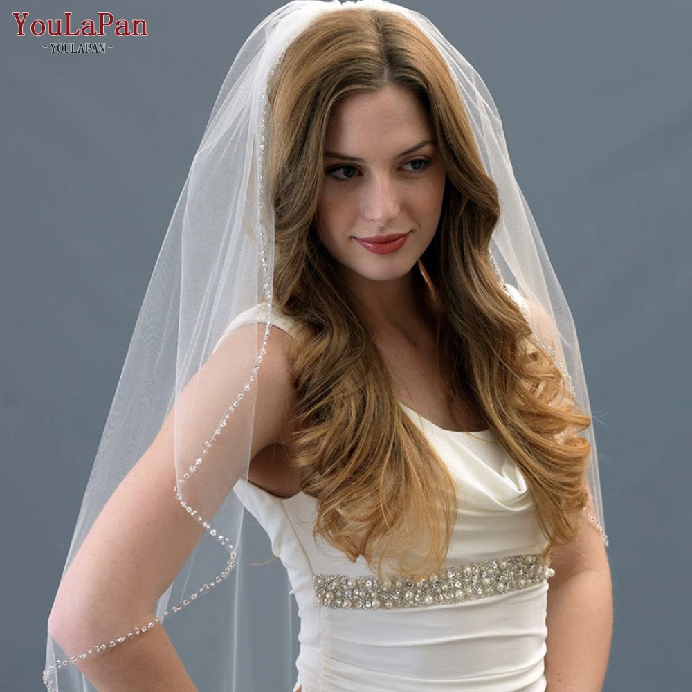 

YouLaPan V31 Lace Applique Beaded Bride Veil with Comb Bridal Veils and Headpieces Ivory White Wedding Veils for Brides short