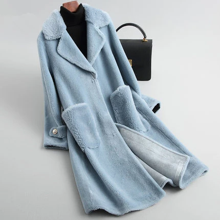 Высококачественное пальто из натурального меха женская одежда корейская мода Eleagnt тонкое повседневное длинное шерстяное пальто красное синее пальто парка женская - Цвет: Light Blue