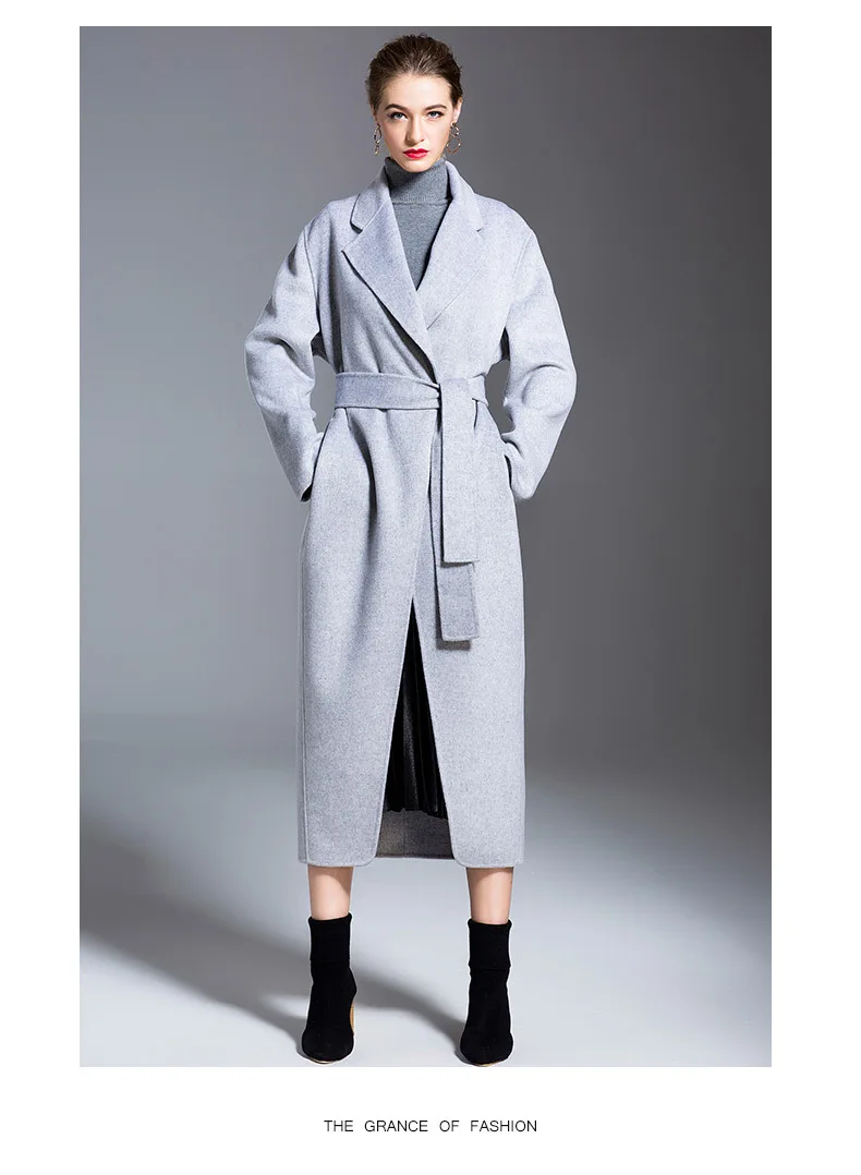 Длинные шерстяные кашемировые пальто для женщин осень зима женские куртки плюс размер пальто светло-голубой ремень теплый повседневный