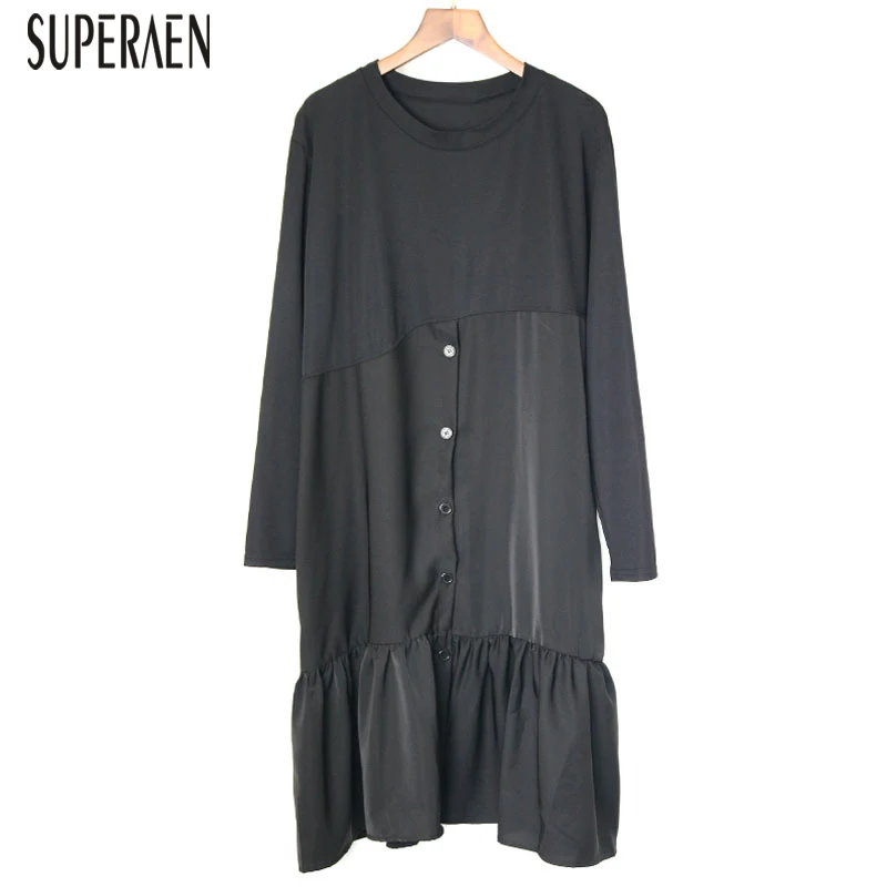 SuperAen/ осеннее Новое Женское платье модное хлопковое повседневное женское платье с круглым вырезом и длинными рукавами, гофрированная женская одежда