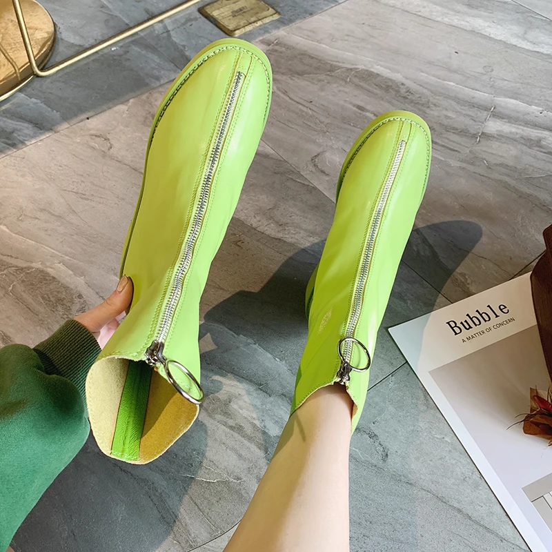 2019 Autumn New Fashion Front Zipper Ladies Boots Girls Beige Green Low with Single Shoes Short Boots Women