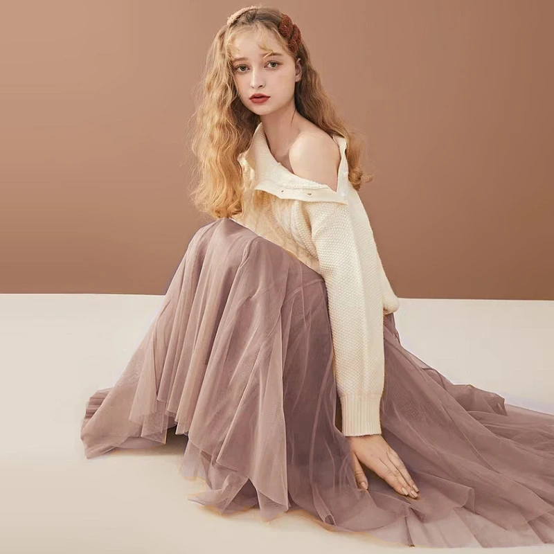 Весенняя, осенняя, зимняя, темно-коричневая, карамельная, фиолетовая, серая, длинная сетчатая юбка, английский консервативный стиль, высокая уличная эластичная талия, базовые юбки