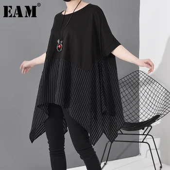 

[EAM] Women Black Striped Asymmetrical Big Size T-shirt New Round Neck Short Sleeve Fashion Tide Spring Summer 2020 JS953