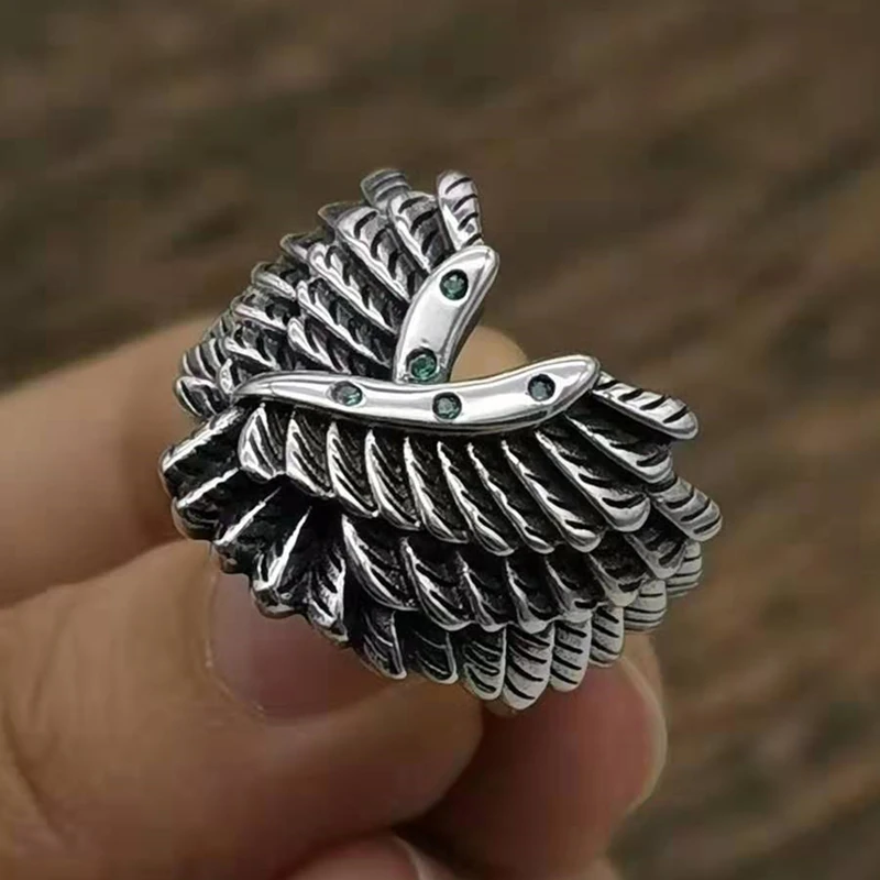 S925 sterling silver wing opening punk ring with inlaid green zircon adjustable charm ring jewelry