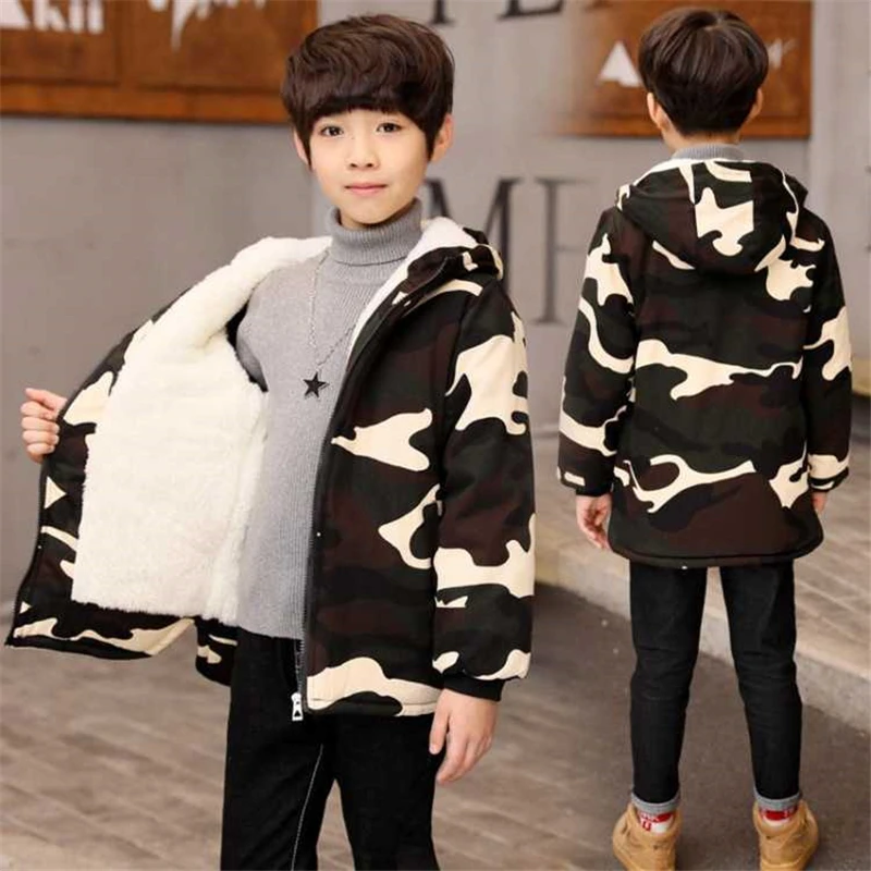 

Boys cotton winter clothing 2018 new children's long section thickening plus velvet jacket in the big boy winter shirt