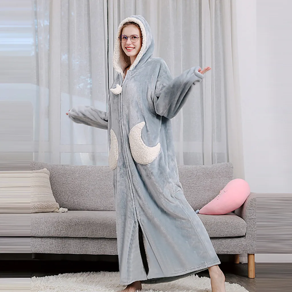 Женский зимний теплый фланелевый Халат размера плюс, удлиненный плотный флисовый банный халат с капюшоном, ночное платье, одежда для сна#4
