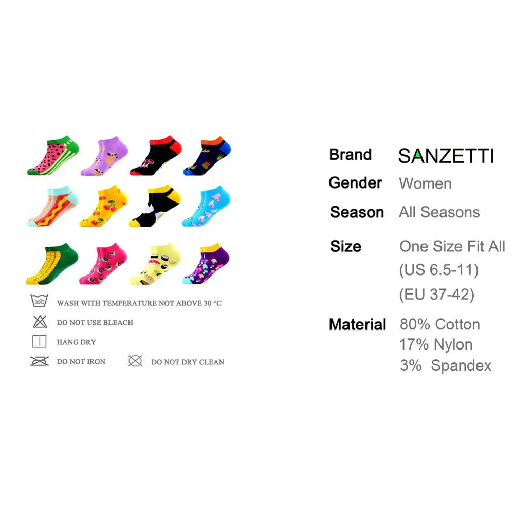 Сланцы SANZETTI 12 пар/партия Для женщин Happy из чесаного хлопка; модные вечерние Повседневное носки с фруктовым принтом; забавные высокого качества в стиле Harajuku короткие носки