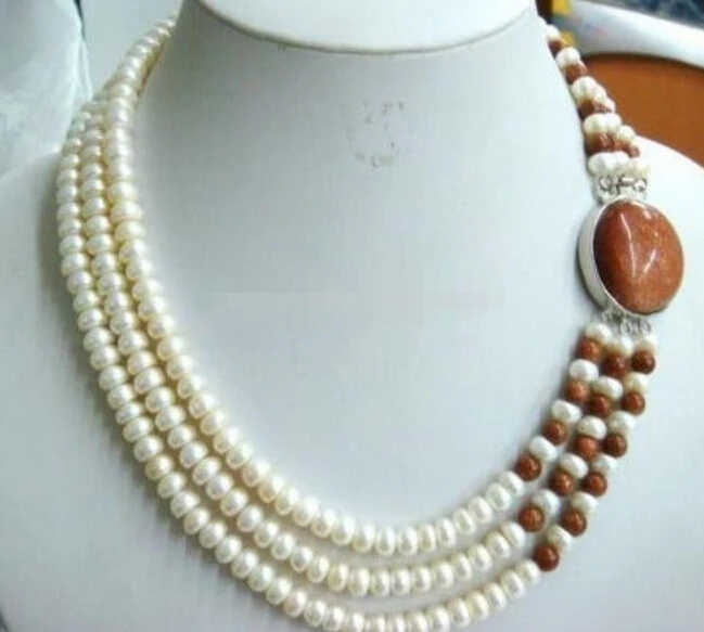 1003+++ Очаровательная 3 ряда Белый шоколад жемчужное ожерелье