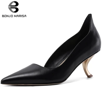 

BONJOMARISA New Ladies High Quality Genuine Leather Pumps 2020 Sexy Party Pointed Toe Pumps Women High Heels Wedding Shoes Woman