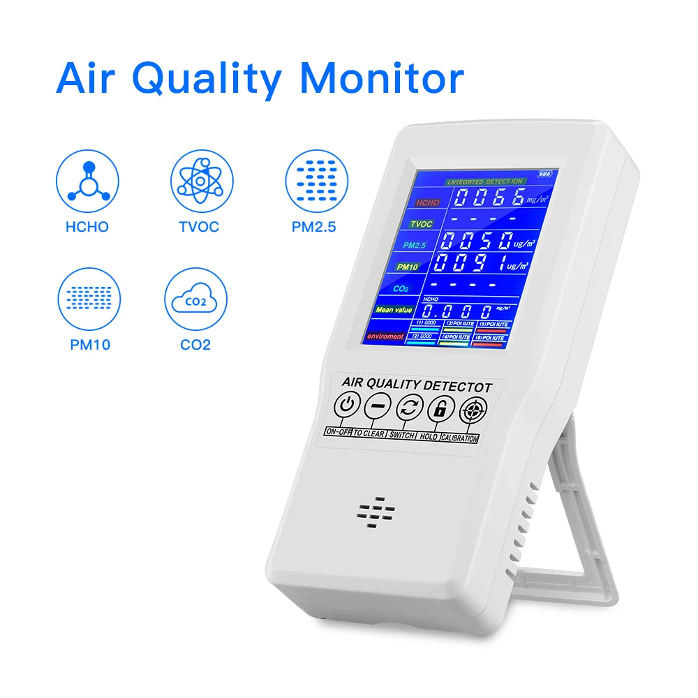 

Air Quality Monitor PM2.5 PM10 Formaldehyde HCHO TVOC CO2 LCD Digital Detector Gas Analyzer Protable Air Quality Tester