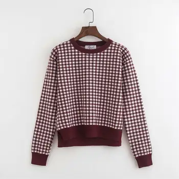 

Women's Autumn Europe plaid print sweater Female casual pullovers chic long sleeve keep warm knit Tops TB3902