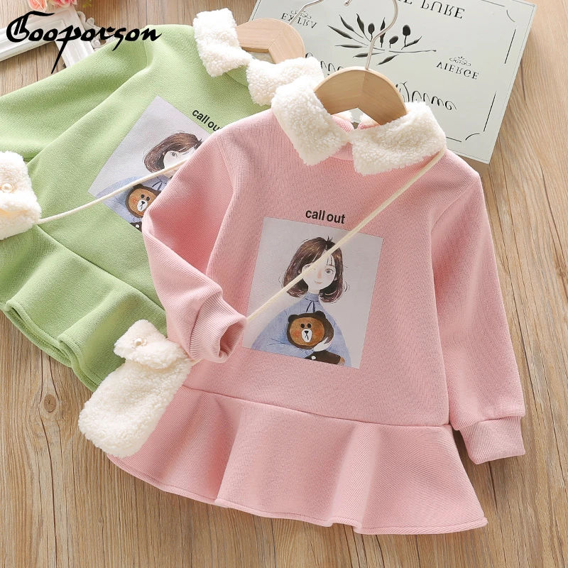 Модное детское платье для девочек зимнее платье с длинными рукавами и бесплатной сумкой, зимняя одежда для маленьких девочек одежда для детей от 24 месяцев до 6 лет