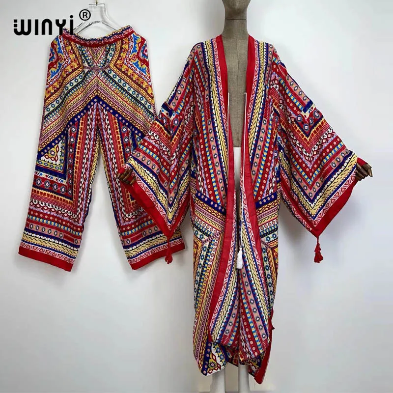 

WINYI two-piece suit kimono new straight leg pants Bohemian Printed Over Size Star Dress Women Elastic Floor Length New kaftan