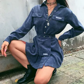 

Autumn Long Sleeve 2020 Women Sets Two-piece suit Feminino Turn Down Collar Pocket Buttoned Shirt Outfits Casual Skirts Sets