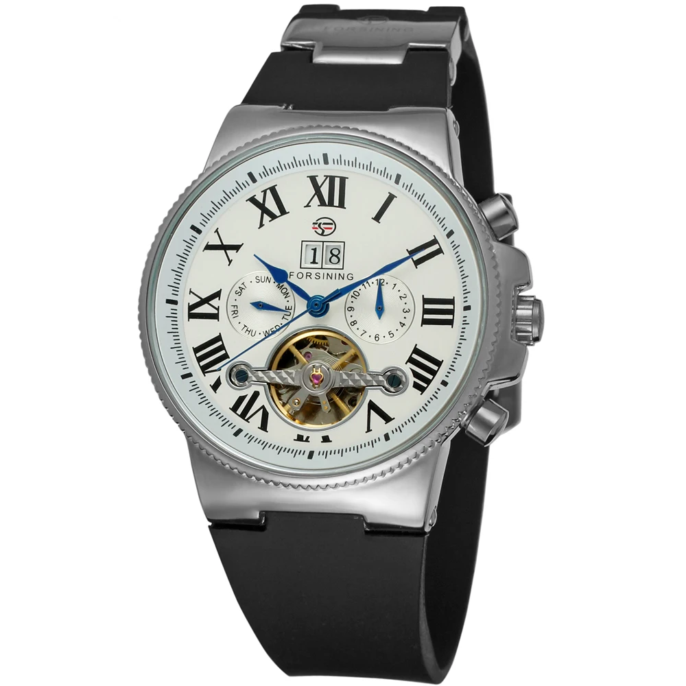

Forsining Brand Tourbillion Fashion Watch Silver White Clock Multifunction Display Men's Silicone Automatic Mechanical Watch