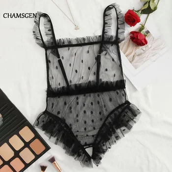 

2020 Perspective Lace Lingerie Bra Set One Piece Sexy Ruffles Polka Dot Printed Plus Size Intimates Women Bra & Brief Sets F526