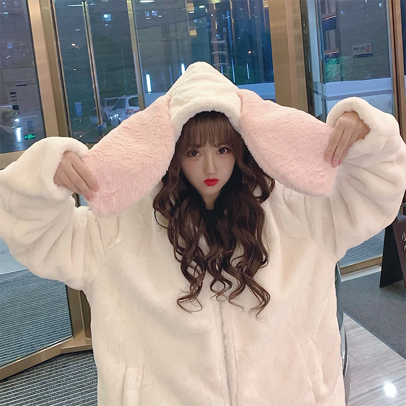 trendy hoodies for women Gothic Harajuku Couple Hoodies Cute Rabbit Ears Black Hooded Outwear Women 2022Sweet Loose Warm Plush Coats Autumn Winter Jacket sweatshirts for girls