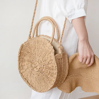 

casual round rattan women handbags wicker woven shoulder crossbody bags handmade large totes summer beach straw bag big purses