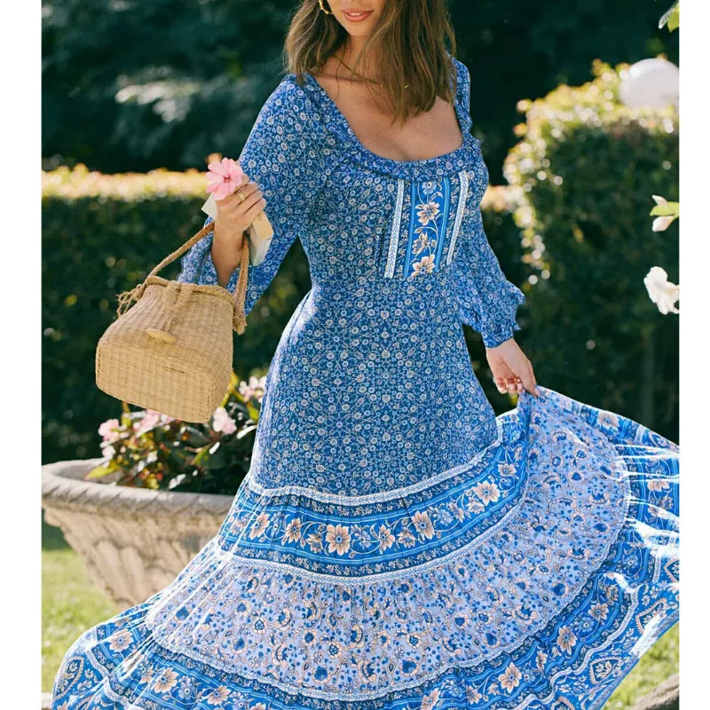 

TEELYNN boho cotton rayon blue Floral Print Dress Women Vintage square Neck Maxi Dresses Casual Beach Long Autumn Vestidos 2020