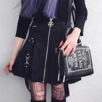 

JIEZuoFang Women Mini Skirts Punk Gothic Hip Hop Sexy Club Aline High Waist Solid Zipper Button Rock Summer Female Goth Skirt