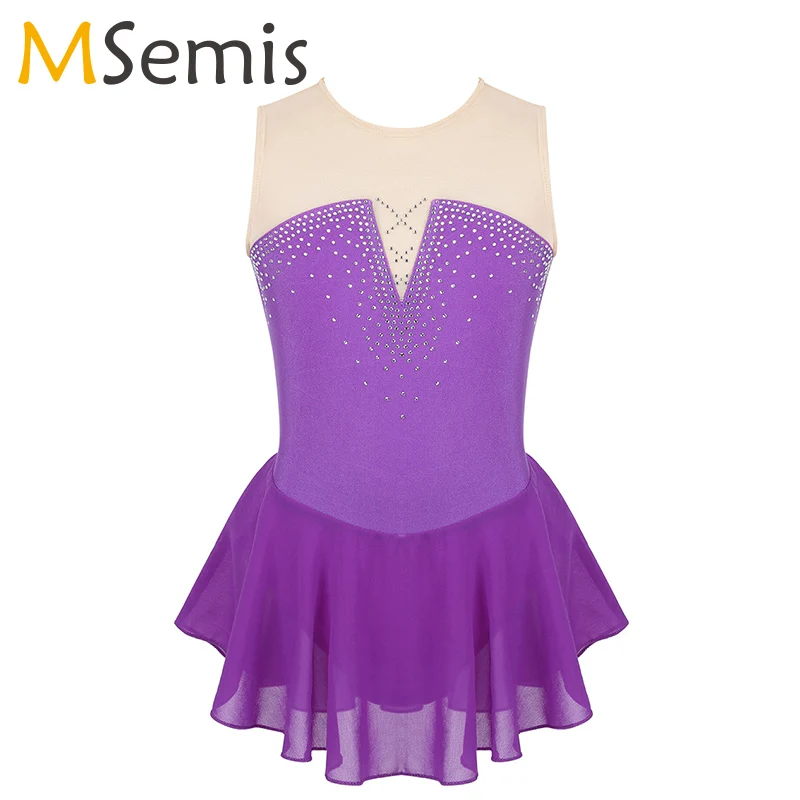 

Girls Ice Skating Dress Sleeveless Sparkly Inlaid Rhinestone Mesh Splice Skating Ballet Dance Costumes Gymnastics Leotard Dress