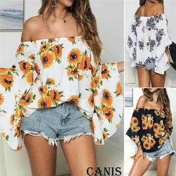 

Women Off Shoulder Floral Ladies Casual Beach Loose Summer Tops T-Shirt Blouse Floral Top Blouse T Shirt Loose Lady Holiday Boho