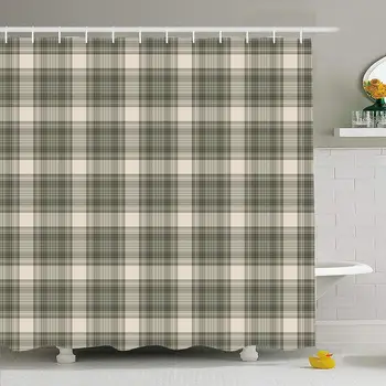 

Shower Curtain Set with Hooks 72x72 Plaid Pattern Sage Grey Abstract Green Garment White Rustic Decoration Textures Traditional