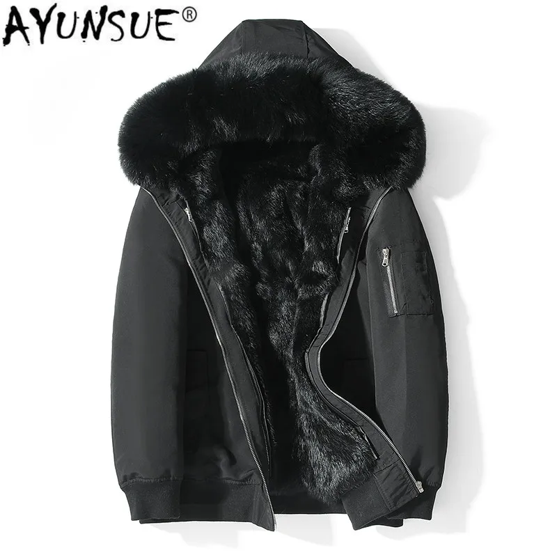 

Куртка AYUNSUE из кроличьего меха, Зимняя Мужская короткая парка с натуральным лисьим мехом на воротнике, теплая парка, мужская куртка 19885 YY1360