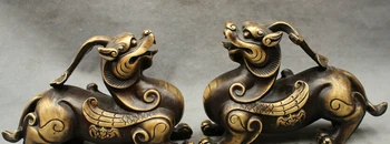 

song voge gem S2517 9" Folk Chinese Pure Bronze Wealth JiXiang RuYi Dragon Unicorn Statue Pair