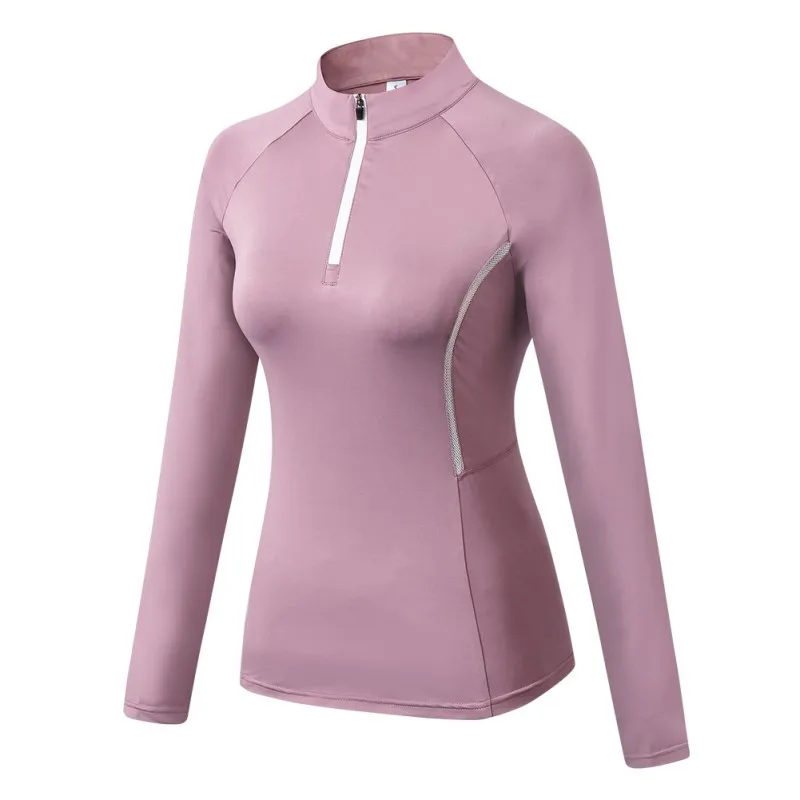 Женская Осенняя Спортивная одежда на молнии с длинным рукавом для фитнеса и йоги, быстросохнущая одежда, футболка, свитер, топы - Цвет: Розовый