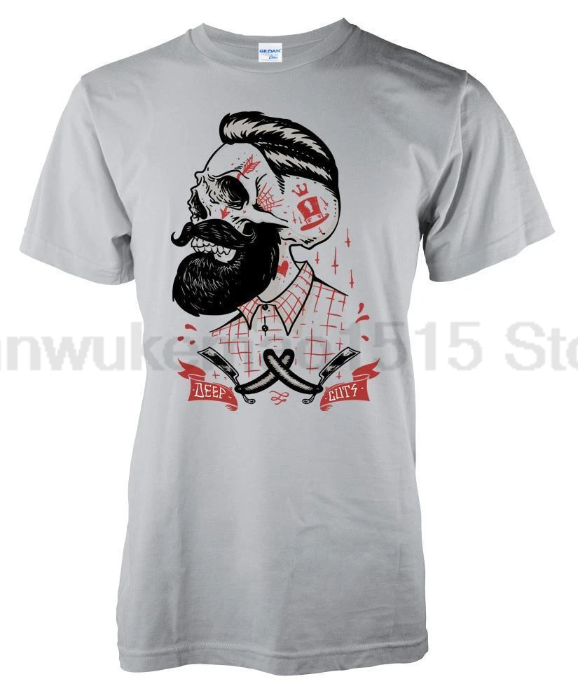 Brand Clothing 2018 Male Top Fitness Deep Cuts Barber Shop Skull Beard Razor Shave Tattoo T-Shirt S-3XL Tee Shirt |