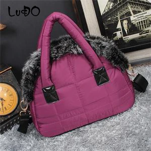 LUCDO Brand Luxury Handbag New Winter Woman Warm Space Cotton Shell Bags Designer Rabbit Fur Bag Ladies Jacket Shoulder Bag - Цвет: Violet