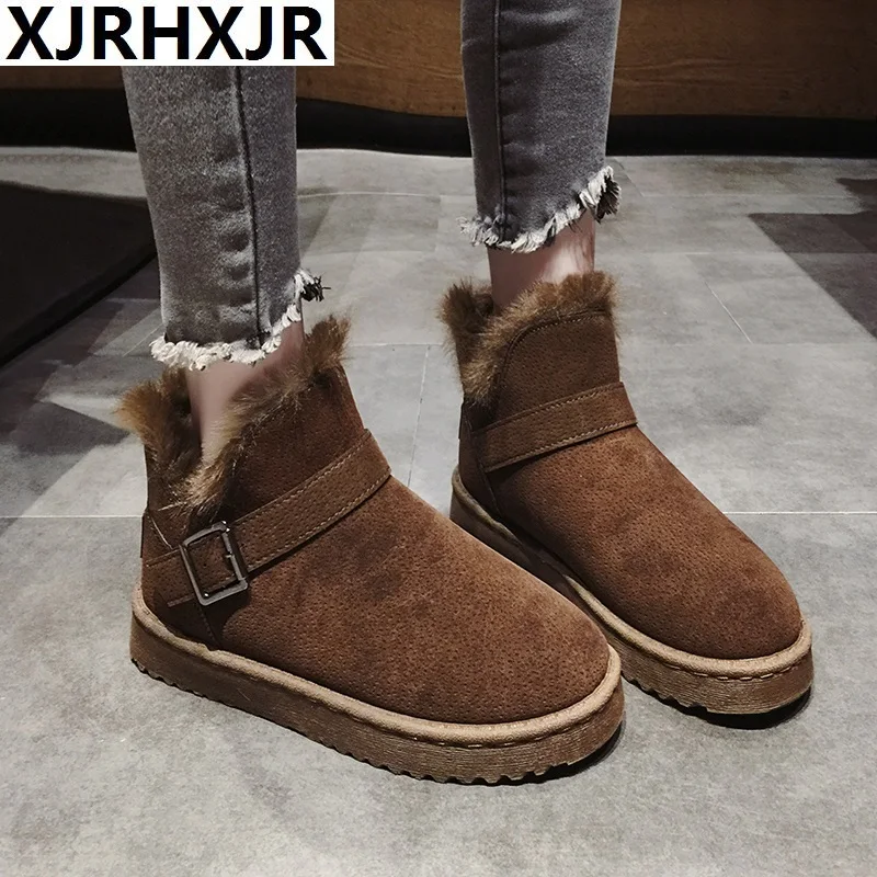 

Flock Snow Boots Women Winter Fur 2019 New Plus Velvet Warm Short Boots Flat Heel Cotton shoes for Woman With Belt Buckle