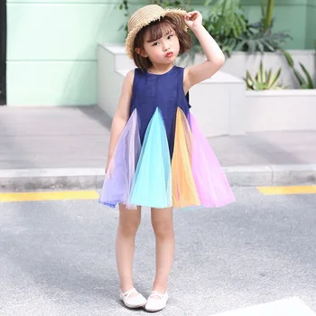

New Summer 2019 Girls Dresses Sleeveless Rainbow Color Block Party Cotton Children Clothes Baby Girl Princess Dress Dropshipping