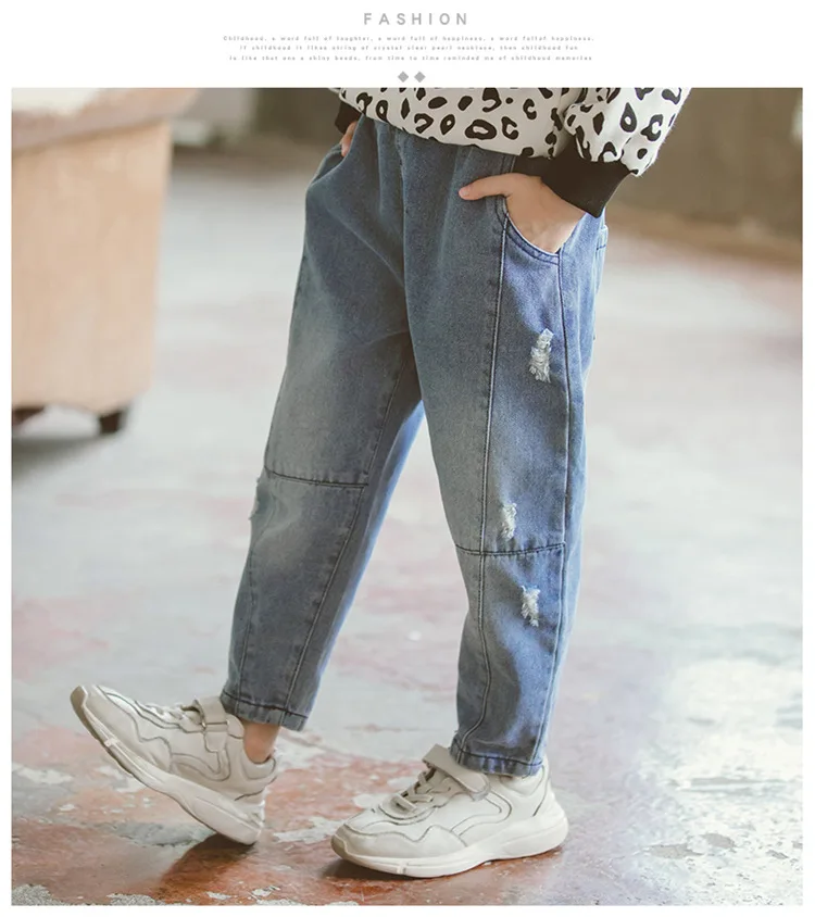 New Casual Girls Boys Jeans Children Clothes Autumn Denim Pant Teenage Patchwork Long Pants Trousers Kids 4-14years