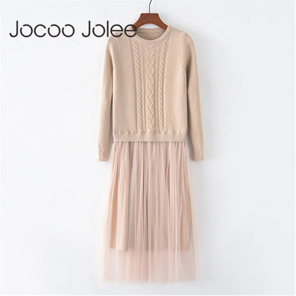 Jocoo Jolee элегантное женское корейское трикотажное платье женское осеннее платье с длинными рукавами и круглым вырезом, эластичный свитер с
