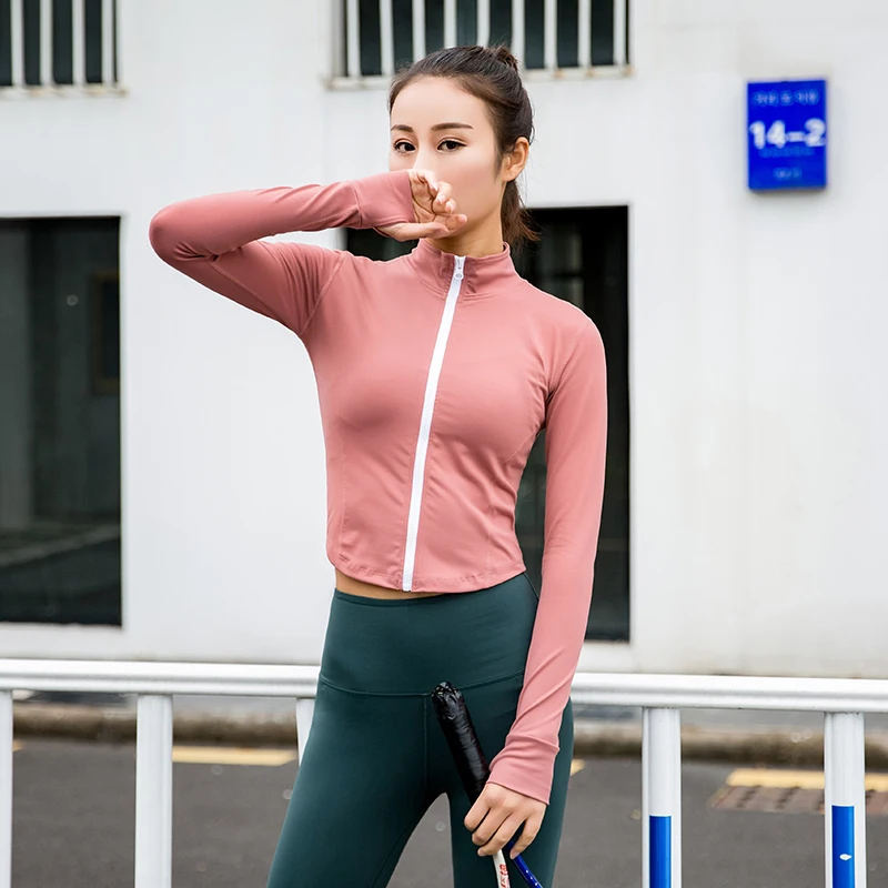 

Women Slim Fit Mandarin Collar Workout Sport Coat Crop Tops Women Full Zipper Nylon Jogger Fitness Jacket with Thumb Holes S~L