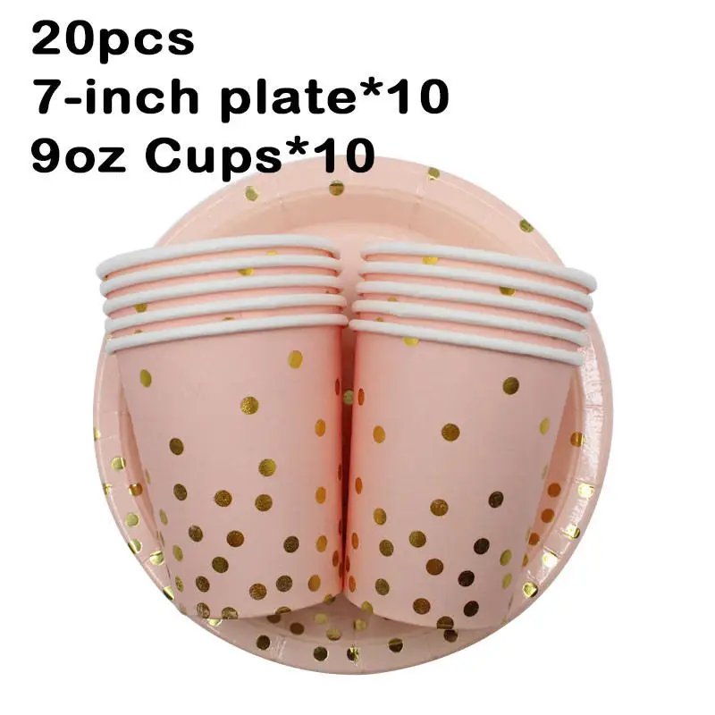 Cups-Plates 20pcs 10 шт., розовая одноразовая посуда в Золотой горошек, для свадьбы, для ребенка, для душа, чашки, соломинки, салфетки, тарелки для 18-го, 1-го дня рождения, декор для детей, девочек - Цвет: Cups-Plates 20pcs