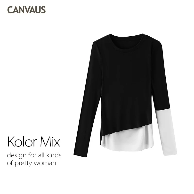 

2020 autumn and winter new female slim fit stitching contrast black and white long-sleeved bottoming shirt women T-shirt