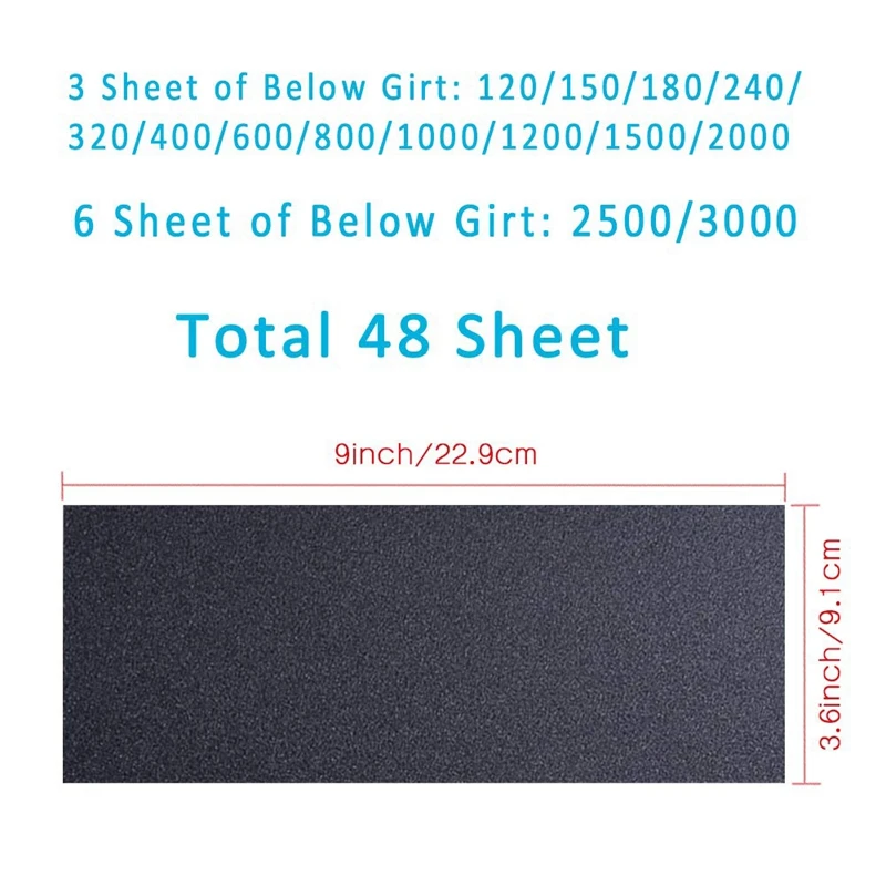 48Pcs Dry and Wet Waterproof Sandpaper Set 120-3000 Mesh Gravel Sandpaper for Wood Furniture Finishing, Metal Sanding and Car Po