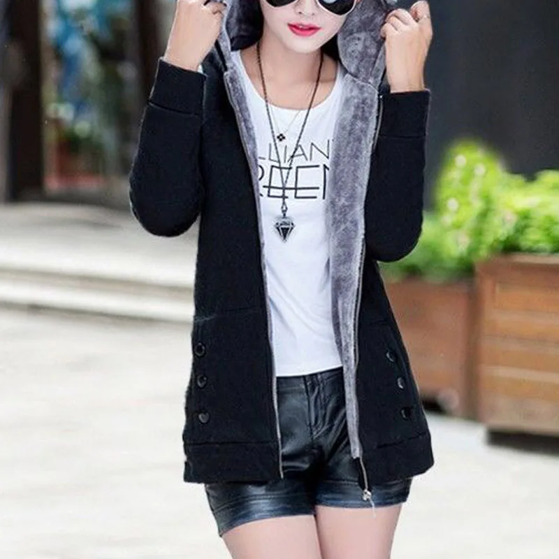winter jacket women solid hooded thick fleece casual jacket female fashion slim plus size coats streetwear jackets Mujer - Цвет: Black